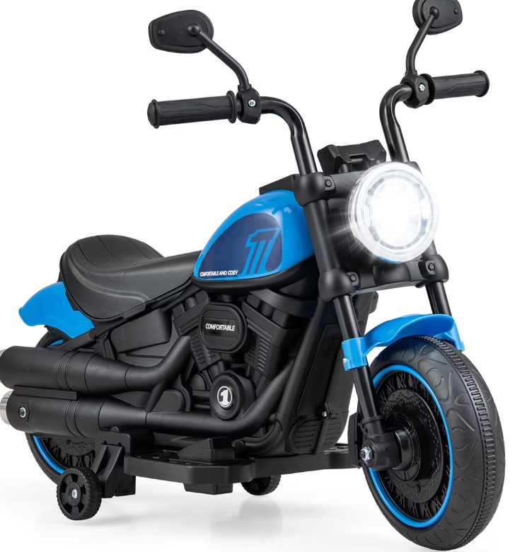 Costway 6V Kids Electric Motorcycle with Training Wheels LED Headlights Music Board Blue