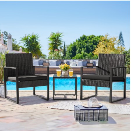 Lacoo 3 Pieces Outdoor Bistro Chair Set PE Rattan Patio Conversation Set of 2 with Cushion and Coffee Table, Black