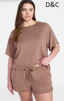 Joyspun Women’s French Terry Lounge Sleep Short Sleeve Top and Shorts Set, 2-Piece, Sizes XS-3X