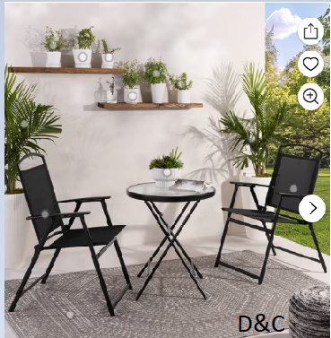 Mainstays Albany Lane 3-Piece Outdoor Bistro Set, Folding Chairs & Glass Table, Black