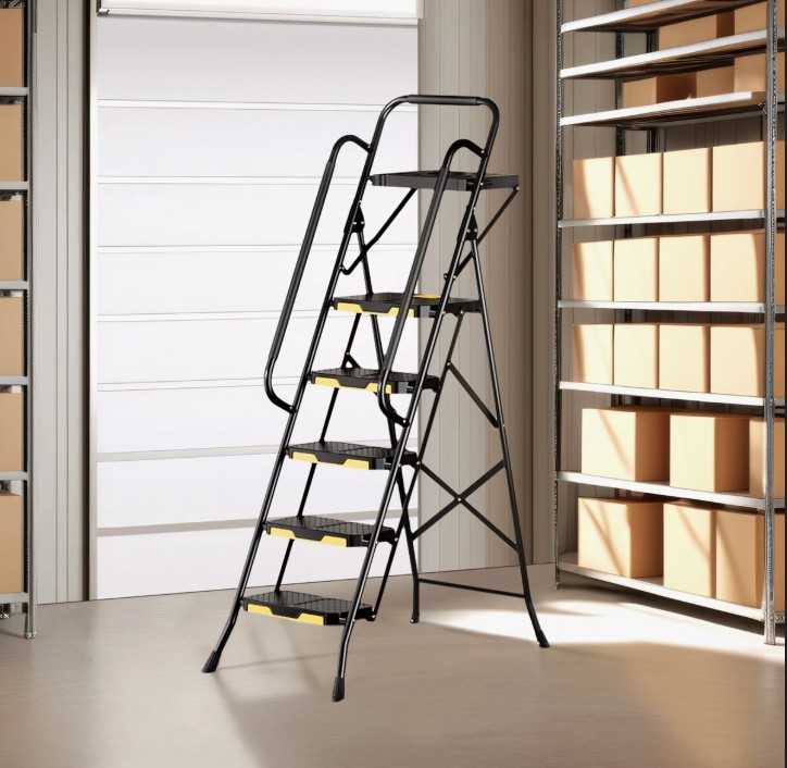 5 Step Ladder, Sturdy Steel Step Stool with Safe-Lock Design, Handrail, Anti-Slip Wide Pedals, Pass 800lbs Load Testing, Folding Portable Ladder for Multi-Purpose, Home, Kitchen