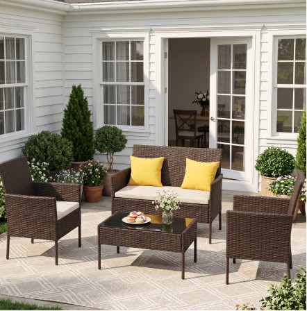 Gasee 4PCS Patio Rattan Conversation Furniture Set Outdoor Brown/Beige Cushion