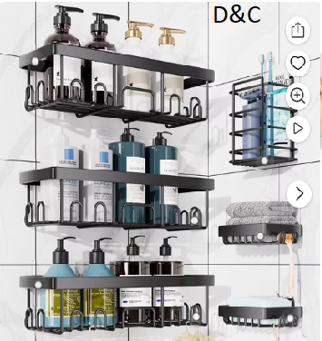 Ophanie Adhesive Shower Caddy 6 Count, Large Capacity Bathroom Organizers and Storage, No Drilling Wall-Mounted Basket, Black