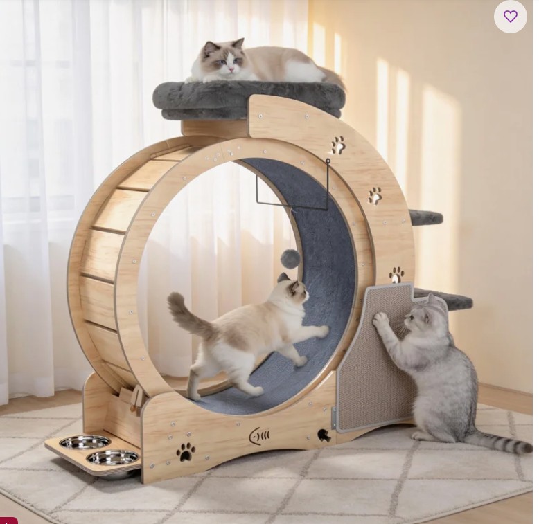 6-in-1 Cat Wheels for Indoor Cats,40 Inch Large Cat Treadmill , Cat Exercise Wheel with Cat Nest, Cat Scratching Post, Climbing Frame & Feeding Bowls