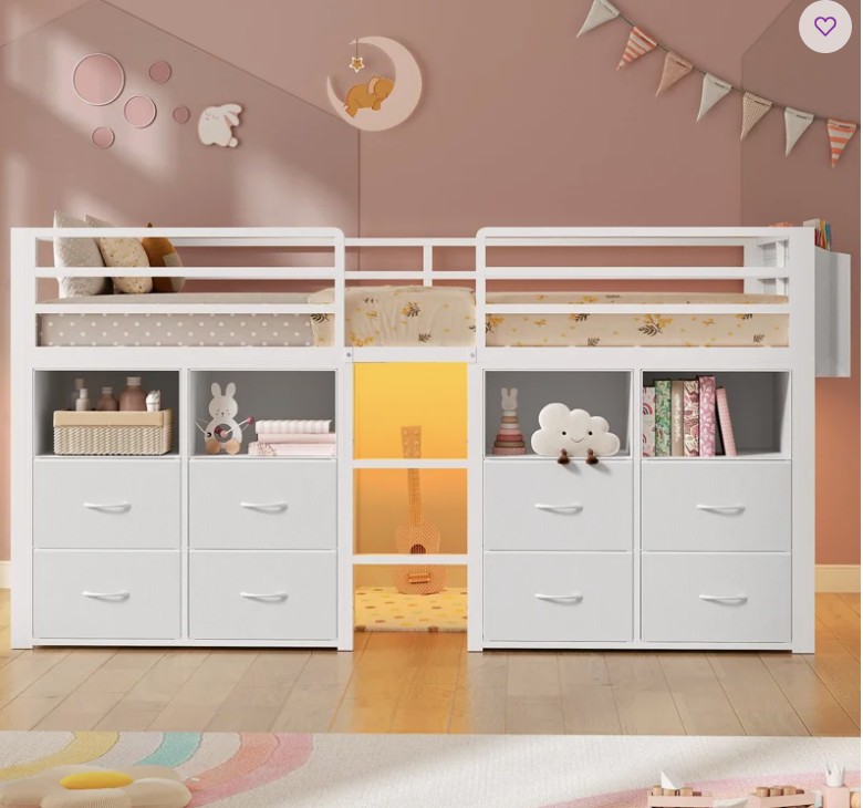 Twin Loft Bed With 8 Storage Drawers And Open Storage Shelves, Low Loft Bed Twin Size With Led Lights,stairs,metal Bed With Safety Guardrail,space Saving,no Box Spring Needed
