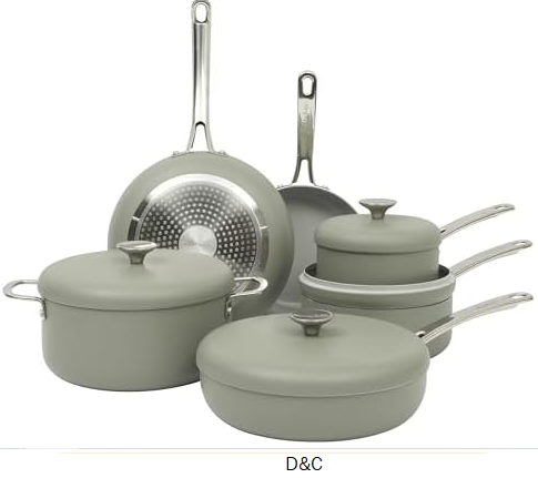 Sur La Table Kitchen Essentials Potluck Porch 10 Piece PFA Free Ceramic Non stick Interior Forged Aluminum Cookware Pots and Pans Set W/Aluminum Lids – Green – Induction Compatible