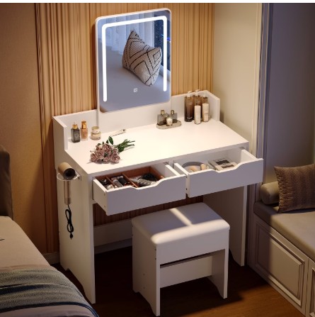 Bestier White Vanity Desks Set with Mirror and Lights ,Makeup Table with Comfortable Bench,Big Vanity with 2 Storage Compartments,31.5in