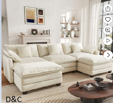 BedLuxury 111.5” Modular Sectional Sofa with Movable Ottomans, U Shaped Cloud Couch for Living Room, 3-Seat, Beige