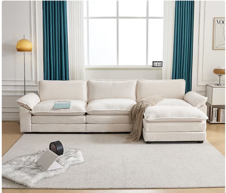 Winado 120 in. W Pillow Top Arm Chellie 3-Seat L-shaped Modern Sofa in White with Ottoman
