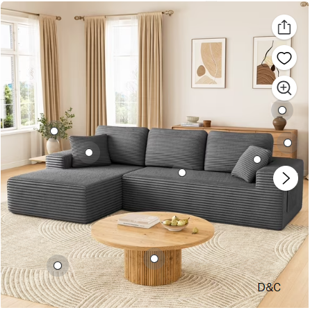 108″ Boneless Sofa for Living Room, Neche Modern L-Shaped Corduroy Sectional, Modular Cloud Couch with Deep Seating Upholstered Sofa, Oversized,No Assembly, Gray