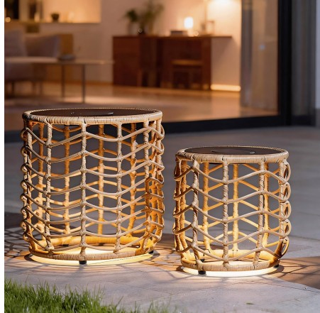Tappio Solar Nesting Tables with Built-in Light Set of 2, Tempered Glass Top End Table with Coated Steel Frame, All-Weather Wicker Bistro Side Tables for Patio, Porch, Garden, Indoor