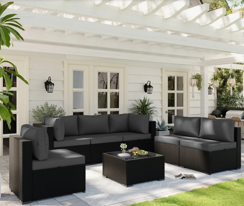 7-pieces Outdoor Rattan Wicker Sectional Seating Group With Cushions