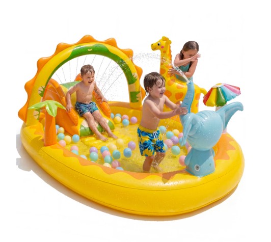 TASKBAY Inflatable Kiddie Pool Giraffe Play Center with Slide and Elephant Sprinkler, Age 2+, 82.7” x 67” x 41.3”