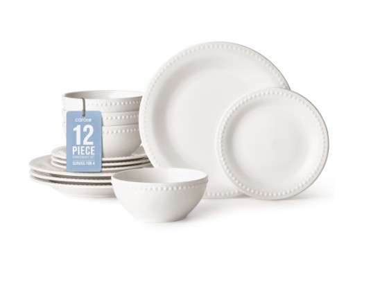 Carote 12-Piece Ceramic Dinnerware Set, Plates and Bowls Dish Sets Service for 4, Durable Kitchen Dining Dish Set, White
