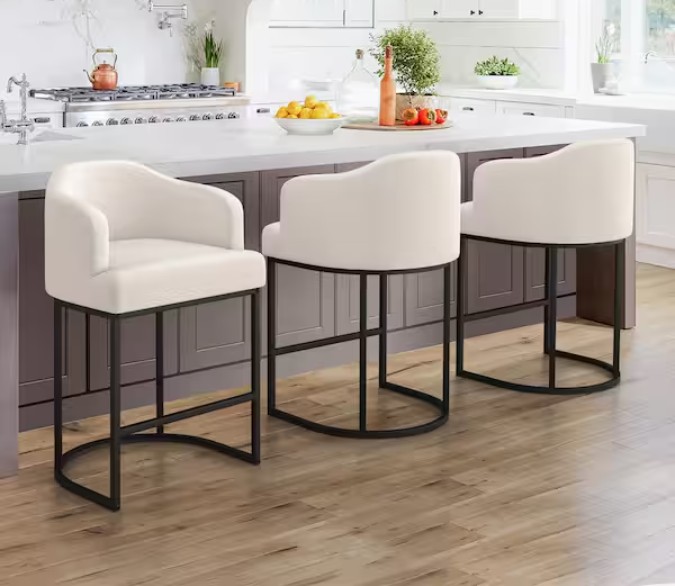 Crystal Linen 26 in. Counter Height Fabric Upholstered Bar Stool Kitchen Island Stool with Black Metal Frame (Set of 3)