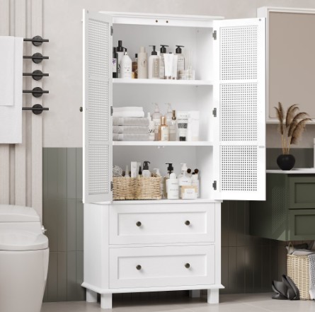 Homfa Bathroom Cabinet with Rattan Doors, Rattan Linen Storage Cabinet with 2 Drawers, White