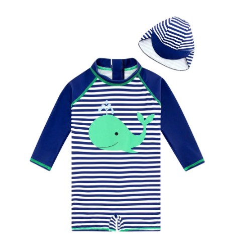 Baby Infant Boys Swimsuit One-Piece with Sun Hat Long Sleeve UPF 50+ Rash Guard Swimwear for Boys 3-24 Months