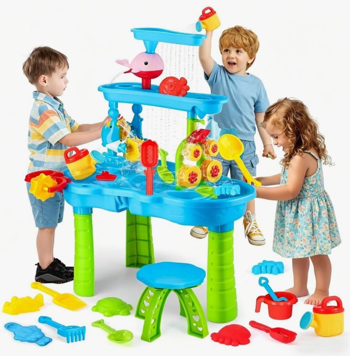 3-Tier Rain Showers Kids Sand Water Table with Chair Indoor Outdoor Plastic Toddler Water Activity Table, Detachable for 3-6 Years Old