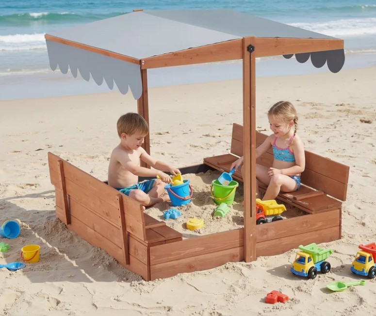 43.7″ x 43.7″ Solid Wood Square Sandbox with Adjustable Cover, Foldable Sandbox For Backyard, Garden and Beach