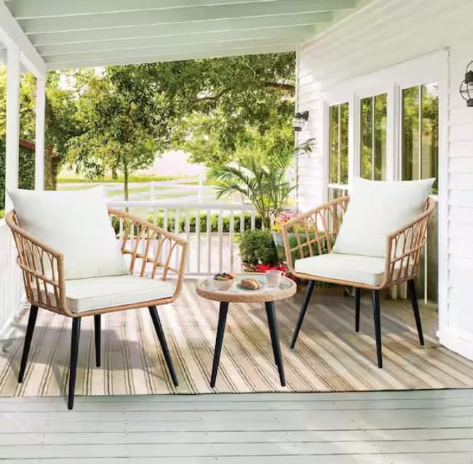 Bohemian 3-Piece Wicker Patio Conversation Set with Beige Cushions