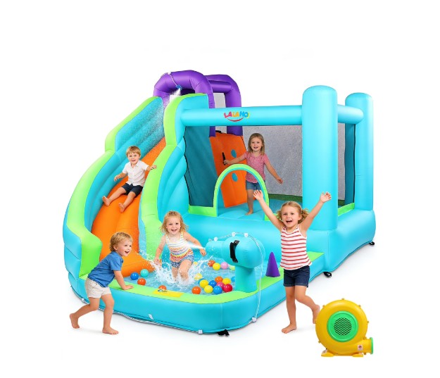 Ktaxon 7-in-1 Inflatable Water Slide Bounce House with Blower, 147″ x 118″ x 87″, Curved Slide Water Park w/ Splash Pool, Bounce Area & Climbing Wall, Kids Backyard