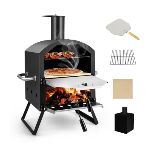 Costway 2-Layer Pizza Oven Wood Fired Pizza Grill Outside Pizza Maker with Waterproof Cover