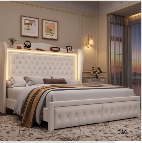 Kaliya Velvet Upholstered Platform Bed with LED Lighting and Storage Drawers