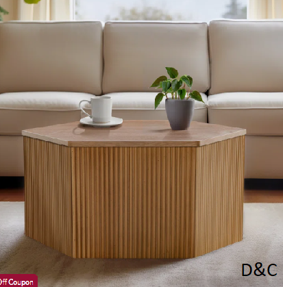 34″W Honey Fluted Hexagon Coffee Table with Geometric Pedestal Base\