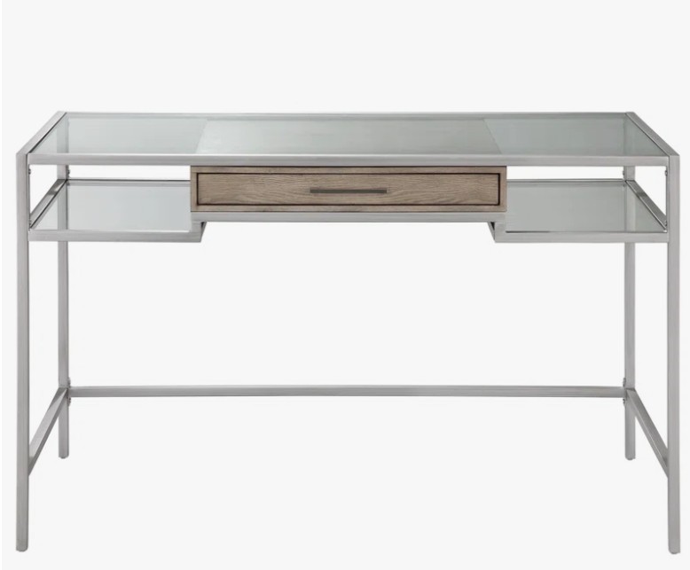 Adela 48” W Antique Silve Glass Top Metal Base Writing Desk with Drawer