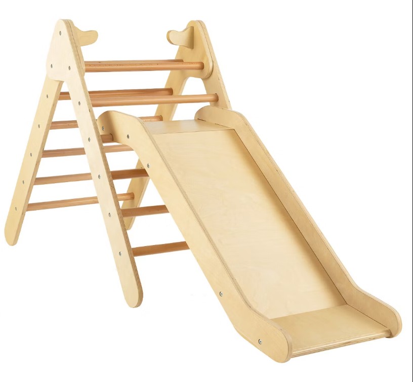Costway 2-in-1 Wooden Climbing Triangle Set Triangle Climber w/ Ramp Natural