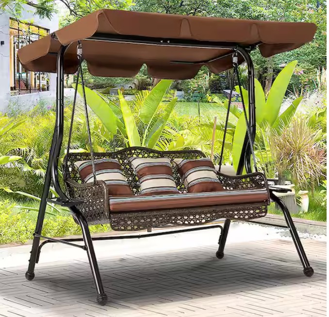 Brown 3-Person Wicker Outdoor Patio Swing with Cushion and Pillows