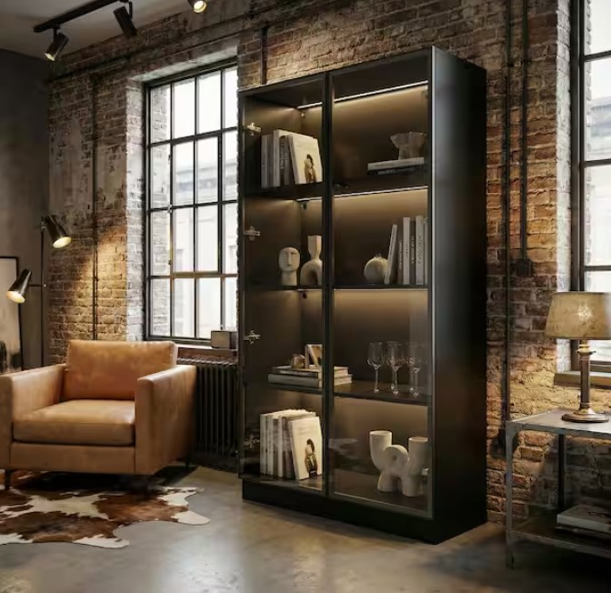 Black Wood Display Cabinet With Tempered Glass Doors and 3-Color LED Lights