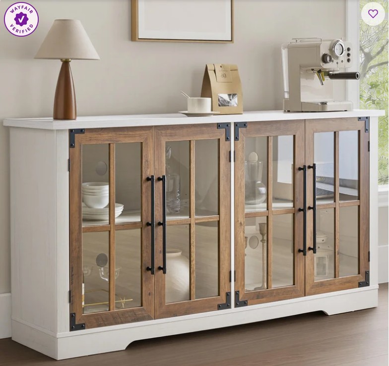 Pfarr 63″ W Farmhouse Wood Sideboard with Glass Doors and Adjustable Shelves, White