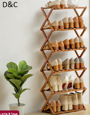 6 Tiers 12 Pairs Shoe Rack Installation-Free, Foldable Bamboo Organizer Storage Stand for Entryway