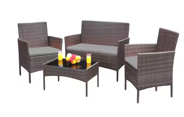 Rattan Chair Wicker Set with Gray Cushion