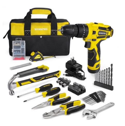 WORKPRO 12V Cordless Drill, Power Tool Set for Home, 177 Pieces Combo Kit with 14-inch Storage Bag and 1500mAh Lithium-Ion Battery & Charger (Yellow)