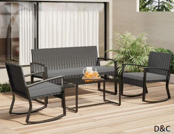 4-Person Wicker Outdoor Patio Conversation Seating Set – Loveseat, Rocking Chairs & Coffee Table with Cushions
