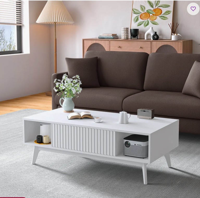 39″Coffee Table with Storage,Modern Fluted Drop‑Down Cabinet for Living Room