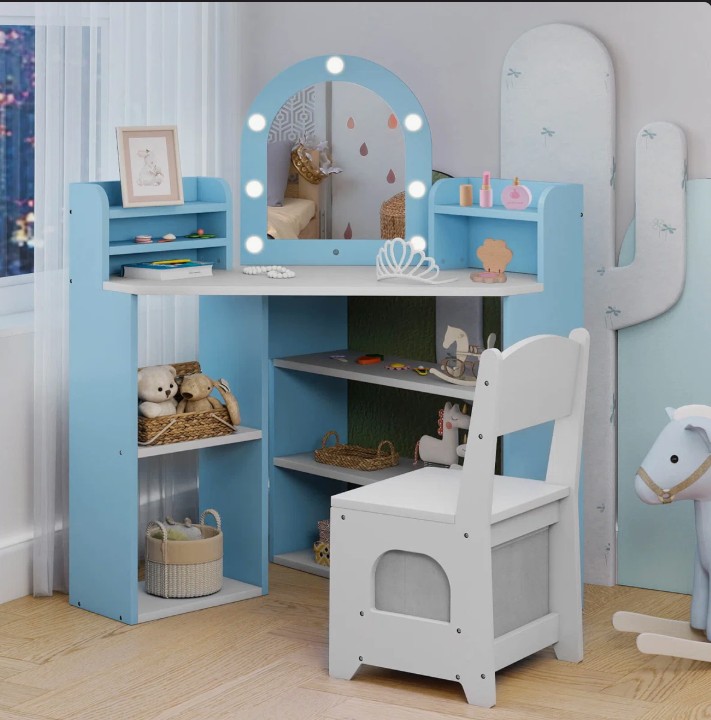 Corner Kids Vanity with Lights, 3 Storage Shelves, 5 Open Compartments, Accessories Blue + White