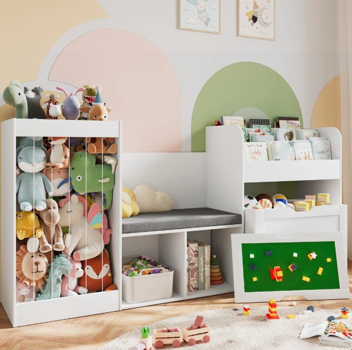 31.5”H Kids Bookcase, Toy Storage Organizer With Stuffed Animal Storage, Bench And Removable Cushions, Wooden Toddler Bookshelf With Movable Building Block Drawers, White