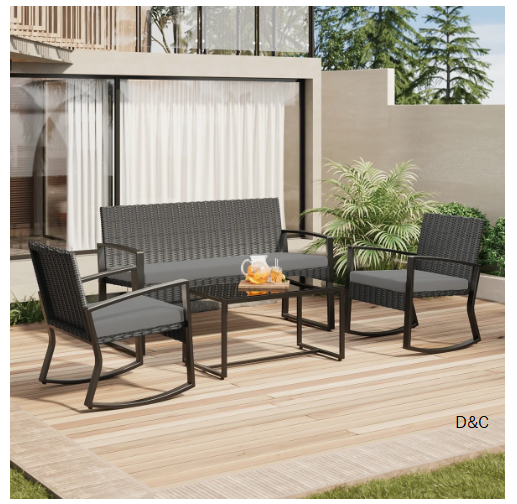4-Person Wicker Outdoor Patio Conversation Seating Set – Loveseat, Rocking Chairs & Coffee Table with Cushions