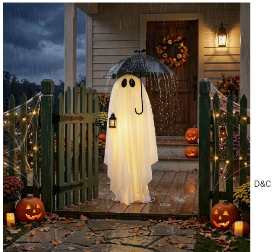 5 FT Glowing Ghost Holding Black Umbrella 100 Warm White Leds Plug And Play Halloween Porch Garden Decor For Family Friendly Spooky Season