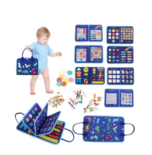 Busy Book Montessori Sensory Board for 1 Year Old Educational Activity Board Felt Quiet Book Baby 1-4, Girls Boys Toddlers Learning Fine Motor Skills, Travel Airplane Car, Blue Dinosaur