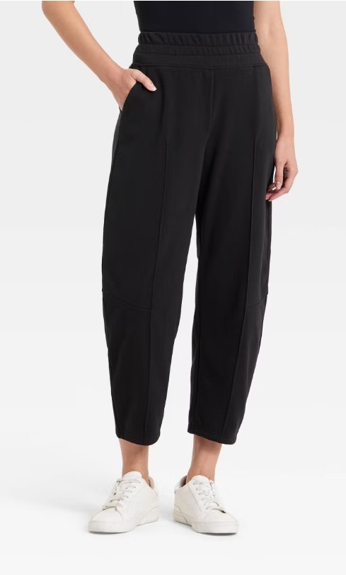 Women’s Barrel Leg Crop Sweatpants with Moto Seasms Elastic and Scoop Pockets – A New Day™ Black L