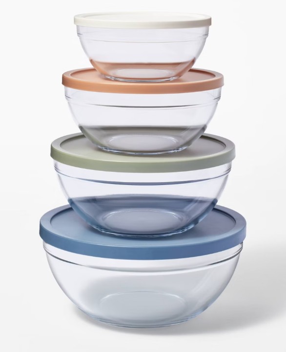 8pc Glass Set of 4 Mixing Bowls with Lids Clear – Figmint™: Microwave without Lid & Freezer Safe, Glass & Plastic