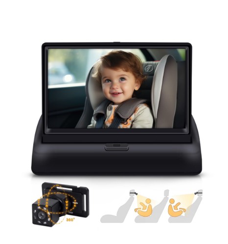 Baby Car Camera, HDJ 4.3” HD Night Vision Function Car Mirror Display, 360° Adjustable Safety Car Seat Mirror Camera Monitored Mirror with Wide Clear View, Easily Observe Baby’s Move