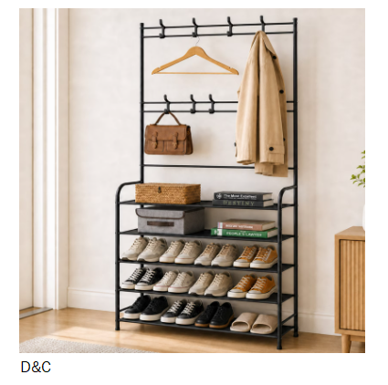 HONEIER Coat Rack, Coat Rack Stand with 8 Removable Hooks and 5 Storage Shelves, Modern Industrial Style Coat Tree for Entryway Hallway 31*10*67 Inch Hall Tree Shoe Rack