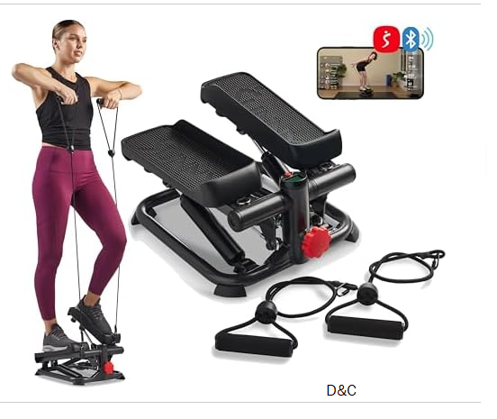 Sunny Health & Fitness Total Body Smart 2-in-1 Stepper Machine, Total Body Workout, Adjustable Hydraulic, LCD Monitor, Resistance Bands, Non-Slip Pedals with Smart SunnyFit App – SF-S0978Smart