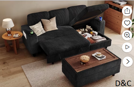 LINSY HOME 3 Seaterss Sectional Couches for Living Room, Sofa Bed with Storage Seat, Pull Out Couch Bed with Storage Ottoman, Black