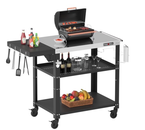 PARGRILL Three-Shelf Outdoor Grill Prep Utility Cart with Foldable Side Table, 46.6″ x 20″, 4 Lockable Casters，200 LBS